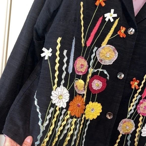 Vintage black floral wearable art blazer jacket sz XL boho hippie mixed media - Picture 5 of 9